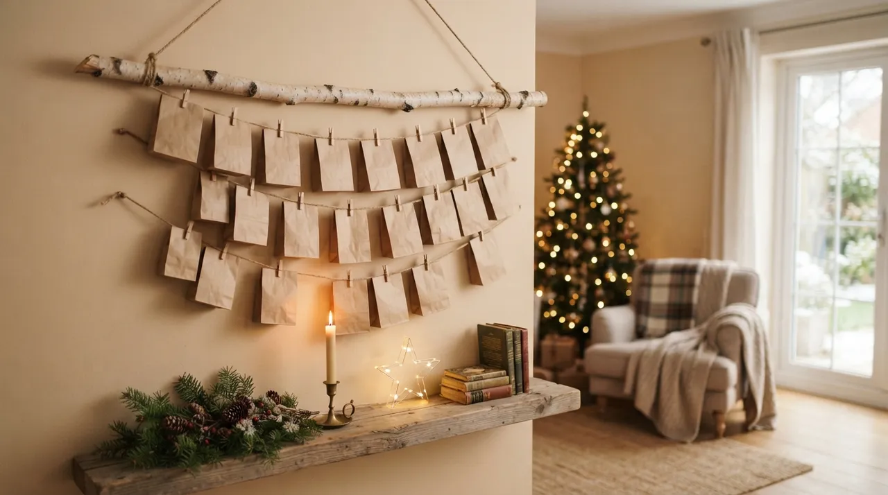 Selbstgemachter Adventskalender: ein Birkenast mit mehreren Schnüren, an denen kleine Papiertüten mit Holzklammern hängen