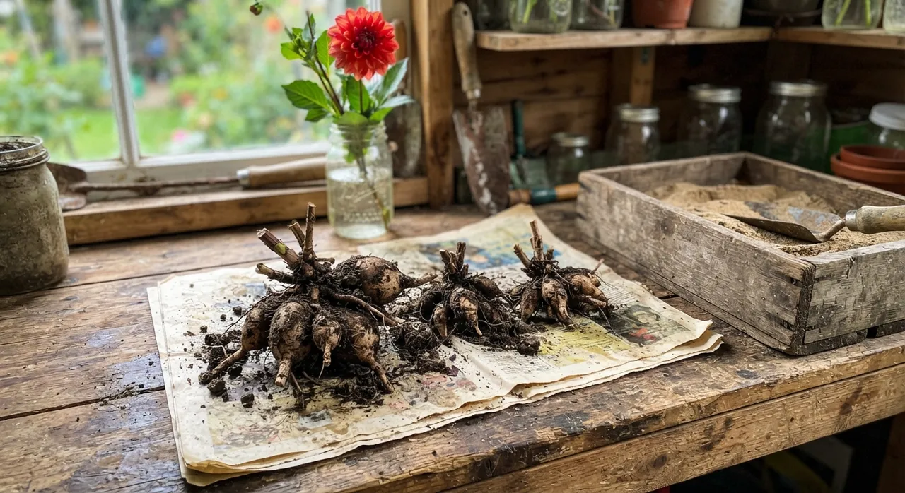 Frisch ausgegrabene Dahlienknollen mit anhaftender Erde trocknen auf Zeitungspapier auf einer Werkbank im Gartenschuppen, daneben eine Kiste mit Sand und eine Dahlienblüte im Glas