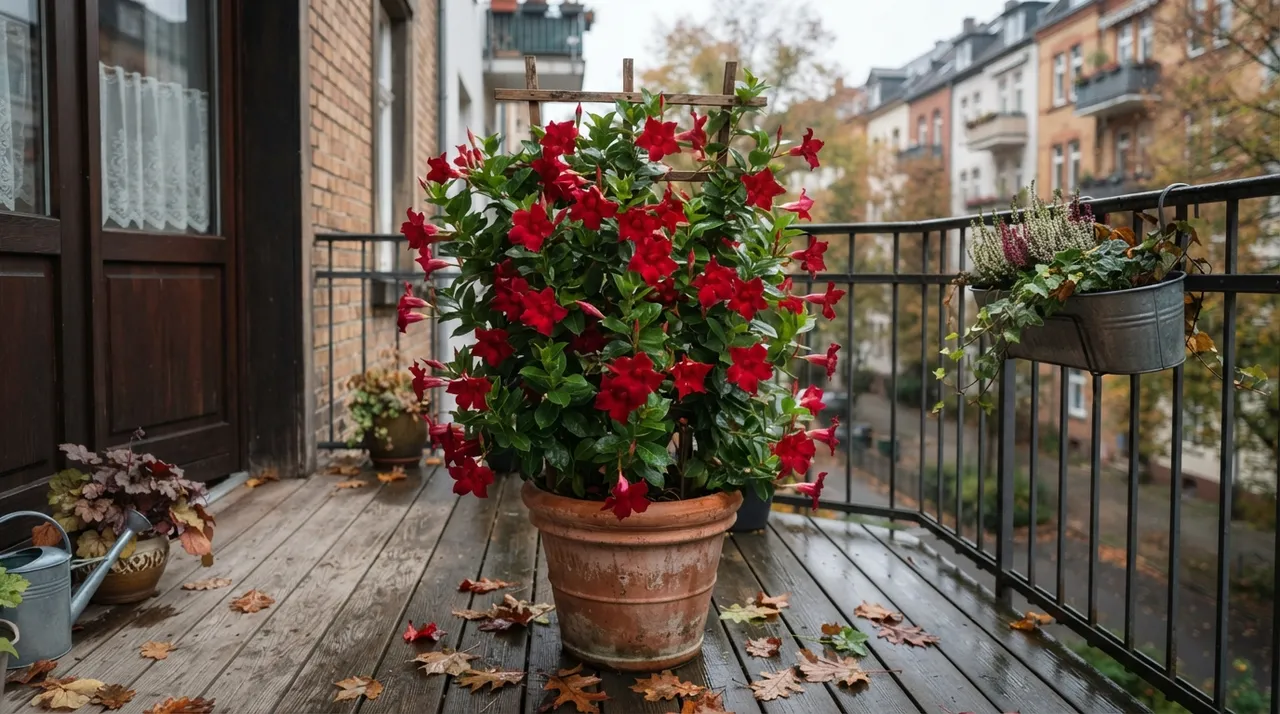 Dipladenia mit roten Trichterblüten in einem Topf auf einem Balkon an einem kühlen Herbsttag