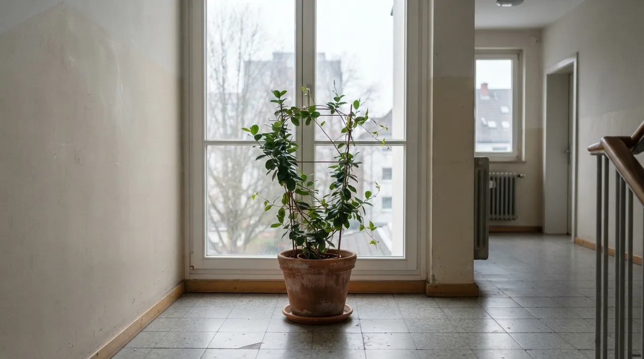 Dipladenia im Topf vor einem Fenster in einem kühlen, hellen Treppenhaus