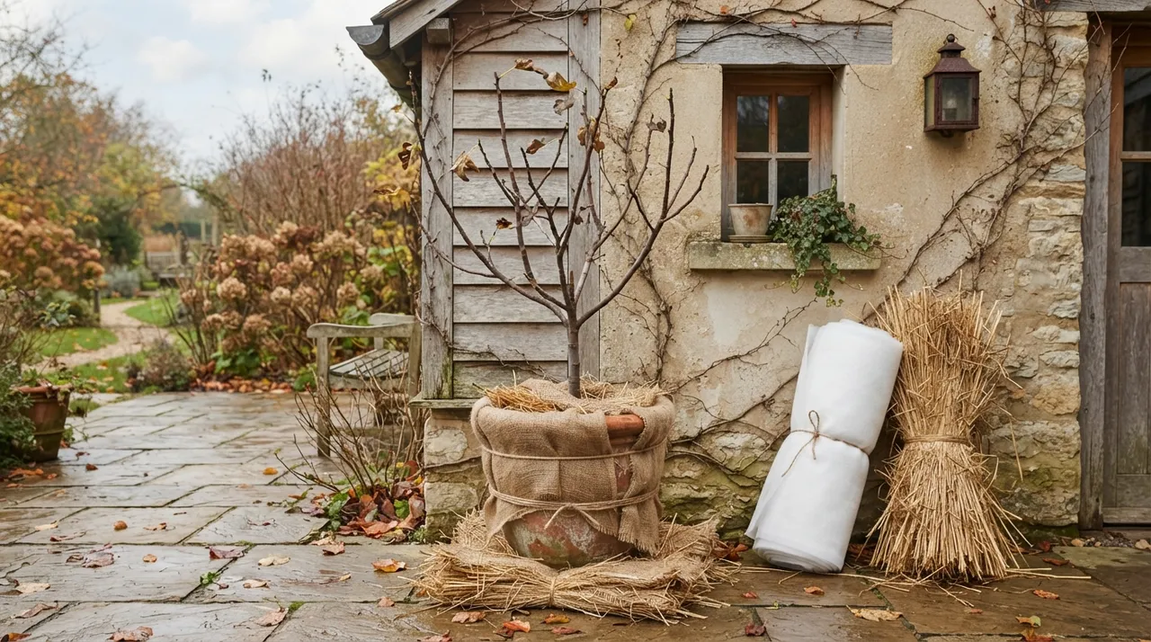 Feigenbaum im großen Terrakottakübel an einer Hauswand im Spätherbst, Kübel in Jute und Strohmatten gewickelt, daneben eine Rolle Winterschutzvlies und ein Strohbündel