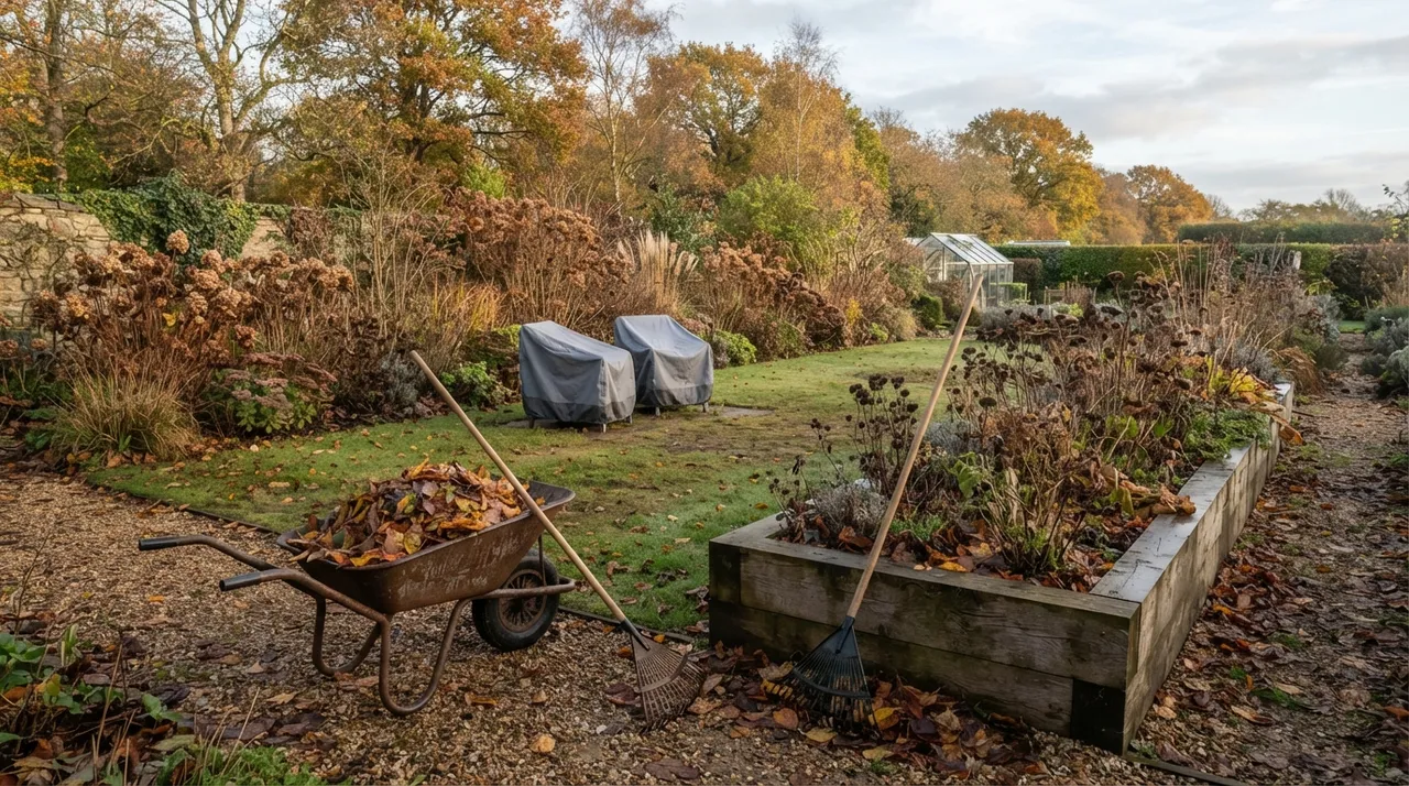 Herbstgarten mit Schubkarre voller Laub, Rechen am Hochbeet, abgedeckten Gartenstühlen auf dem Rasen und stehen gelassenen Stauden im Beet