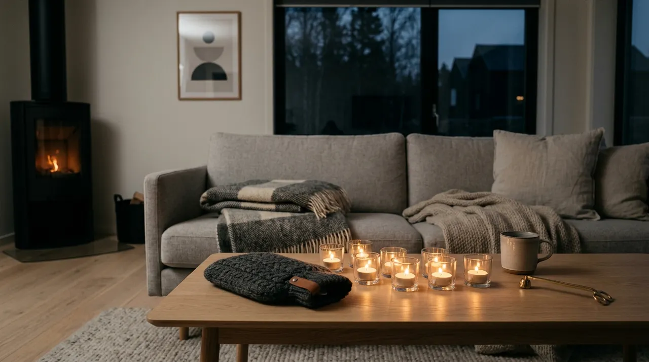 Gemütliches modernes Wohnzimmer bei Stromausfall mit Teelichtern, Wolldecke und Wärmflasche auf dem Couchtisch