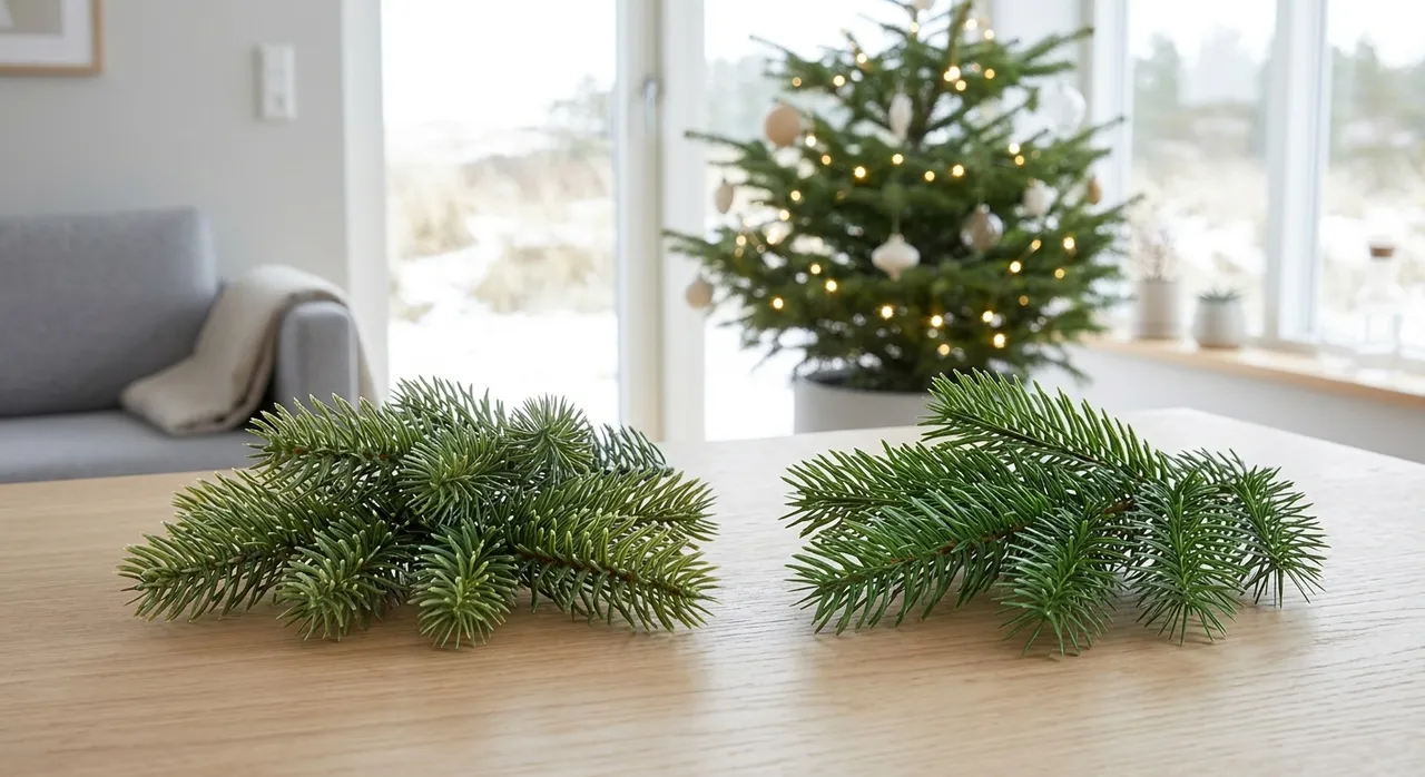 Zwei Zweige eines künstlichen Tannenbaums auf einem hellen Holztisch, dahinter ein geschmückter Baum mit warmen Lichtern