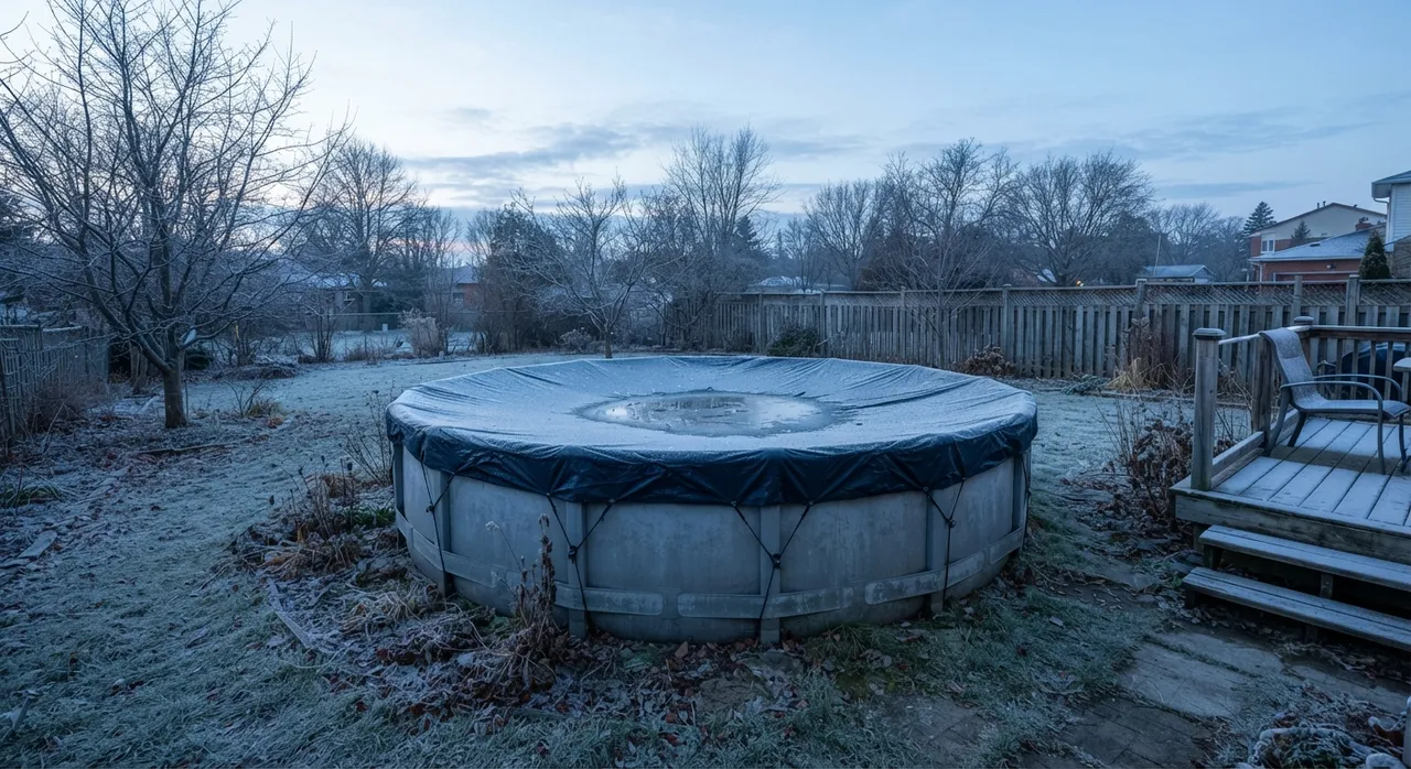 Runder Aufstellpool im Garten im Winter, mit dunkler Plane abgedeckt und von Raureif überzogen