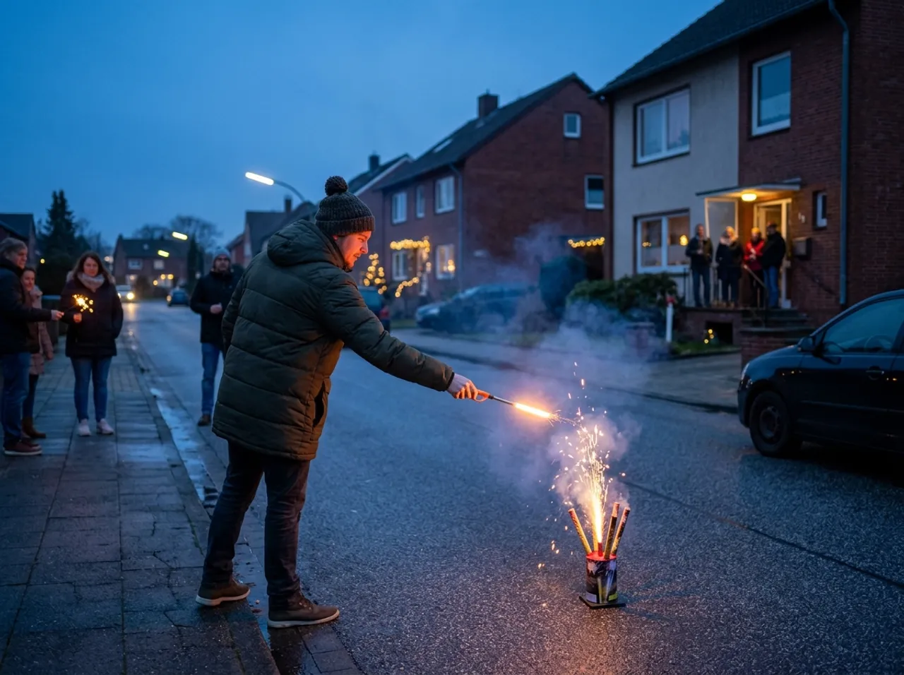 Person zündet an Silvester ein Feuerwerk auf einer Straße