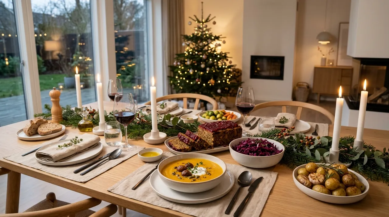 Gedeckter Weihnachtstisch mit Kürbissuppe, Linsen-Nuss-Braten, Rotkohl und Kartoffeln zwischen Tannenzweigen und weißen Kerzen