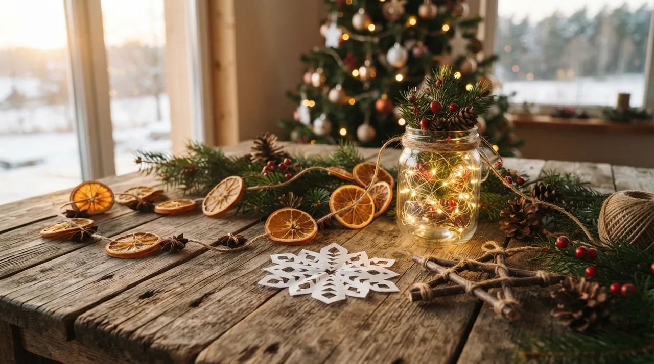 Selbstgemachte Weihnachtsdeko auf einem Holztisch: Girlande aus getrockneten Orangenscheiben, Zapfen, ein Einmachglas mit Lichterkette und Tannenzweigen, eine Papierschneeflocke