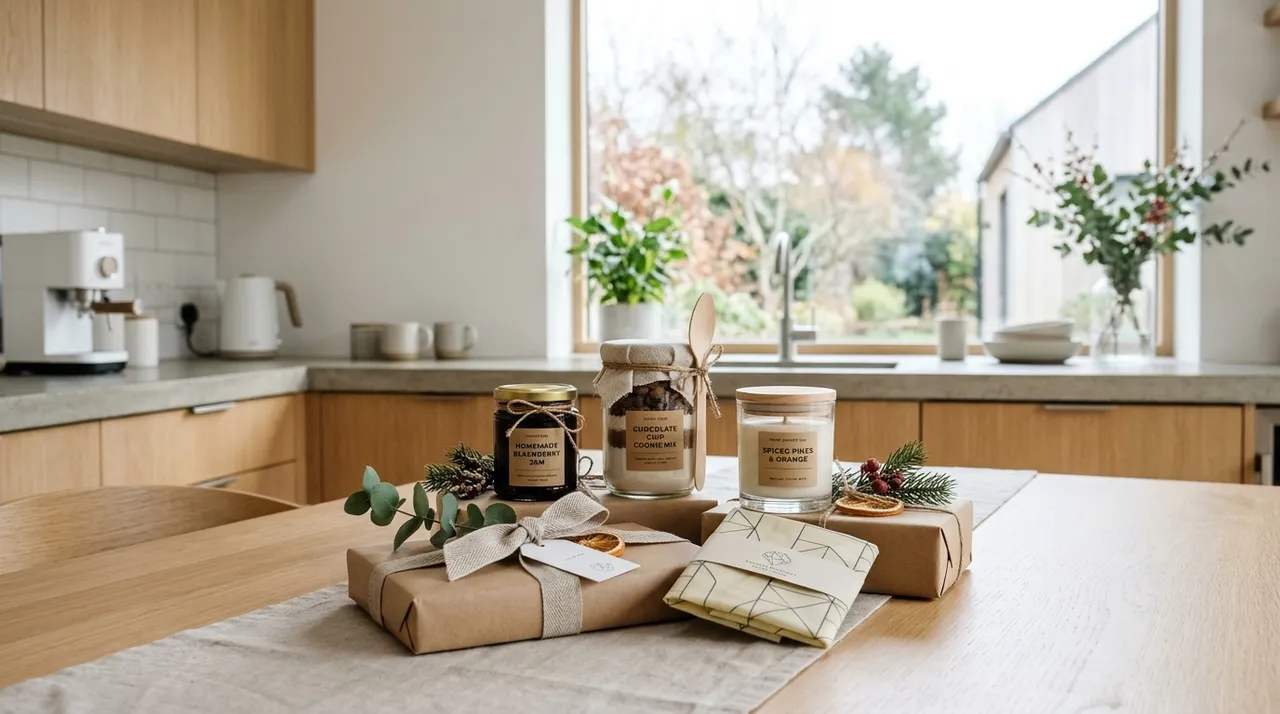 Selbstgemachte Weihnachtsgeschenke für Erwachsene: Marmeladen- und Backmischungsgläser, eine Kerze im Glas und ein Bienenwachstuch, verpackt mit Kraftpapier und Leinenband, auf einem hellen Holztisch in einer modernen Küche