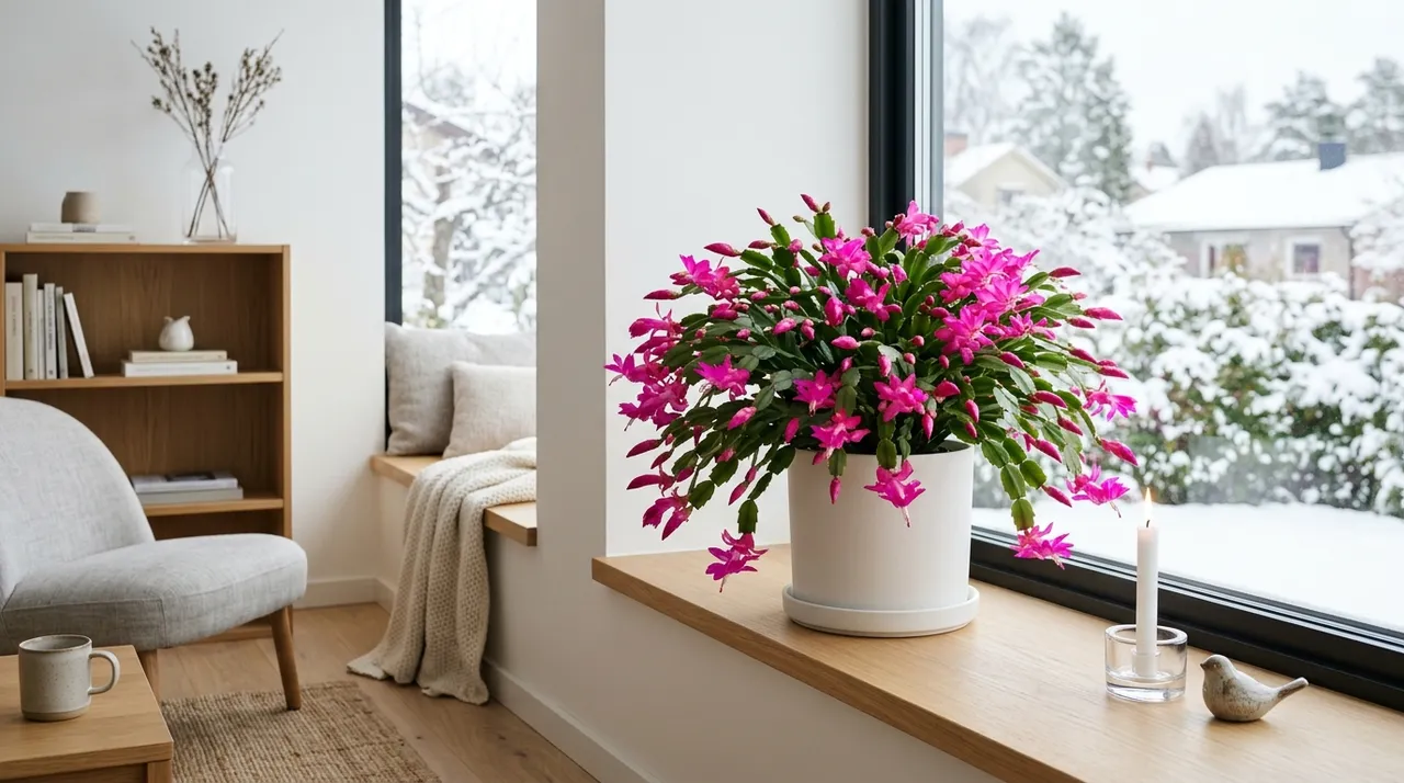 Blühender Weihnachtskaktus mit vielen pinken Blüten im weißen Topf auf einer hellen Fensterbank in einem modernen, hellen Wohnzimmer, draußen verschneiter Garten