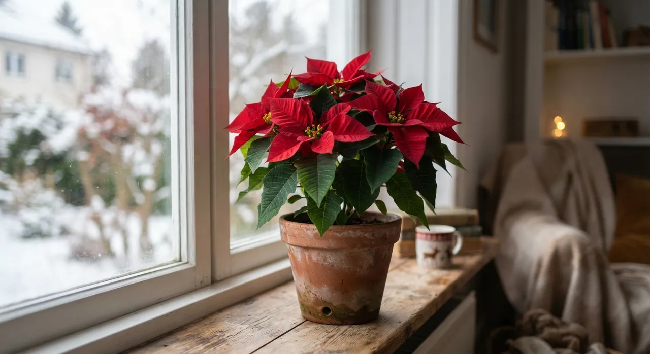 Weihnachtsstern mit roten Hochblättern in einem Topf auf einer hellen Fensterbank