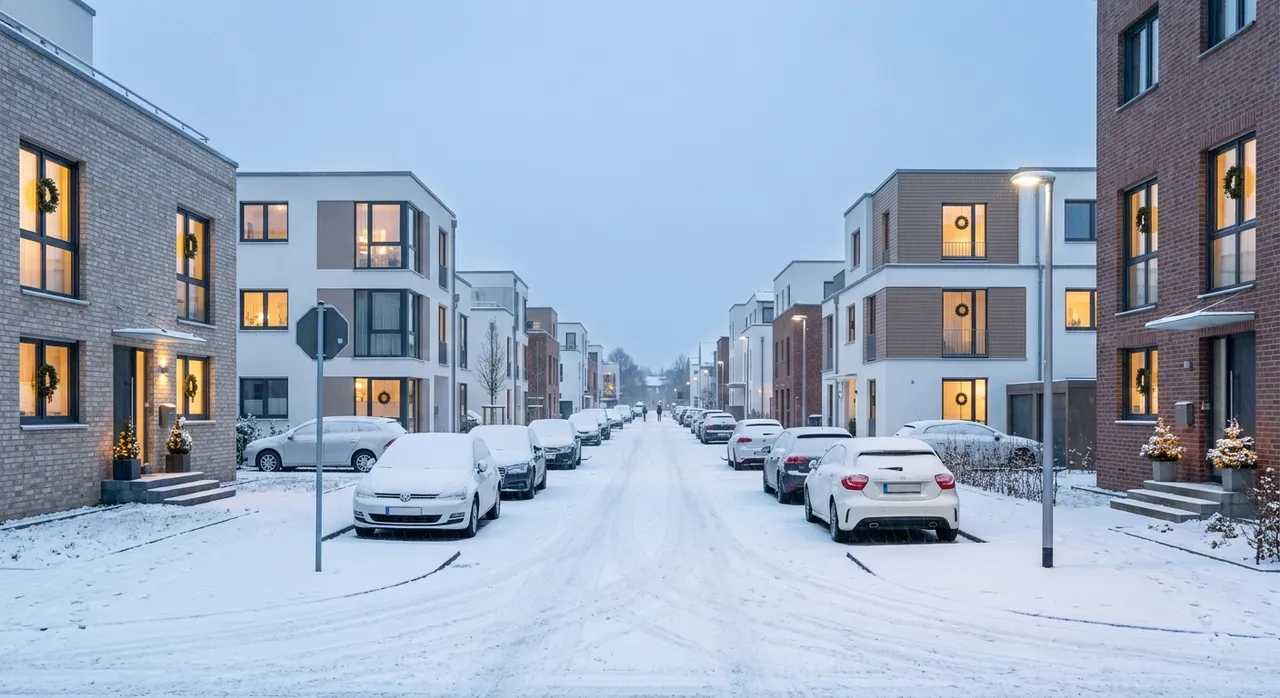 Moderne Wohnstraße am Morgen mit frischer dünner Schneedecke, verschneiten Autos und Weihnachtskränzen an den Fenstern