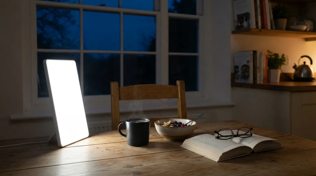 Frühstückstisch am dunklen Wintermorgen mit eingeschalteter Tageslichtlampe, Kaffeetasse, Müsli und aufgeschlagenem Buch