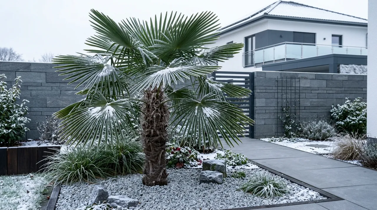 Chinesische Hanfpalme im winterlichen Garten, Wedel mit Frost und etwas Schnee, dahinter ein modernes Haus
