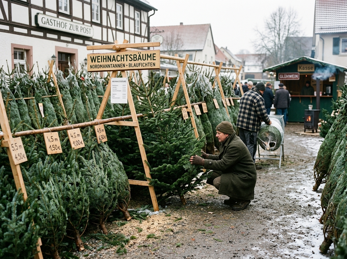 Weihnachtsbäume verschiedener Sorten stehen zum Verkauf bereit