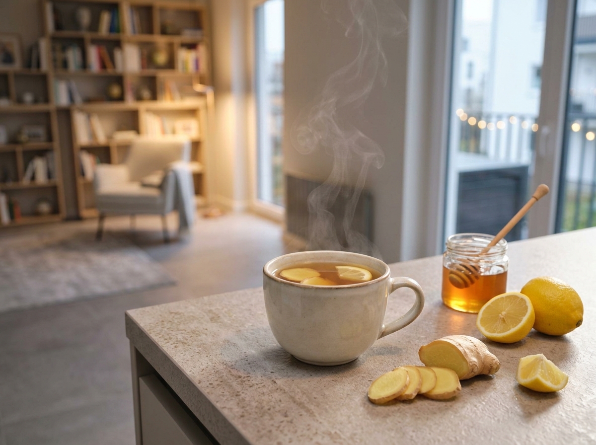 Dampfende Tasse Ingwer-Zitrone-Honig-Tee mit frischem Ingwer und Zitronenscheiben