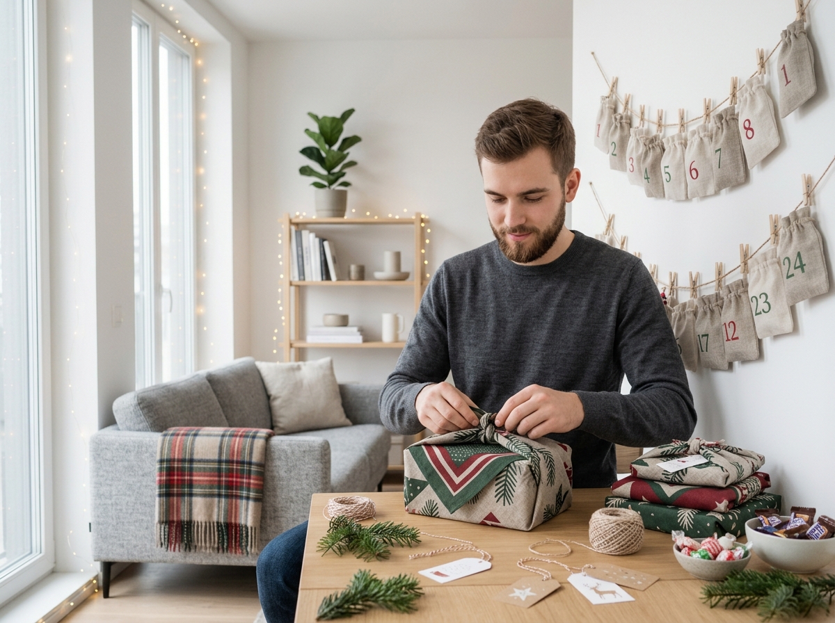 Geschenk wird in einem modernen Wohnzimmer mit einem Stofftuch nach der Furoshiki-Technik verpackt