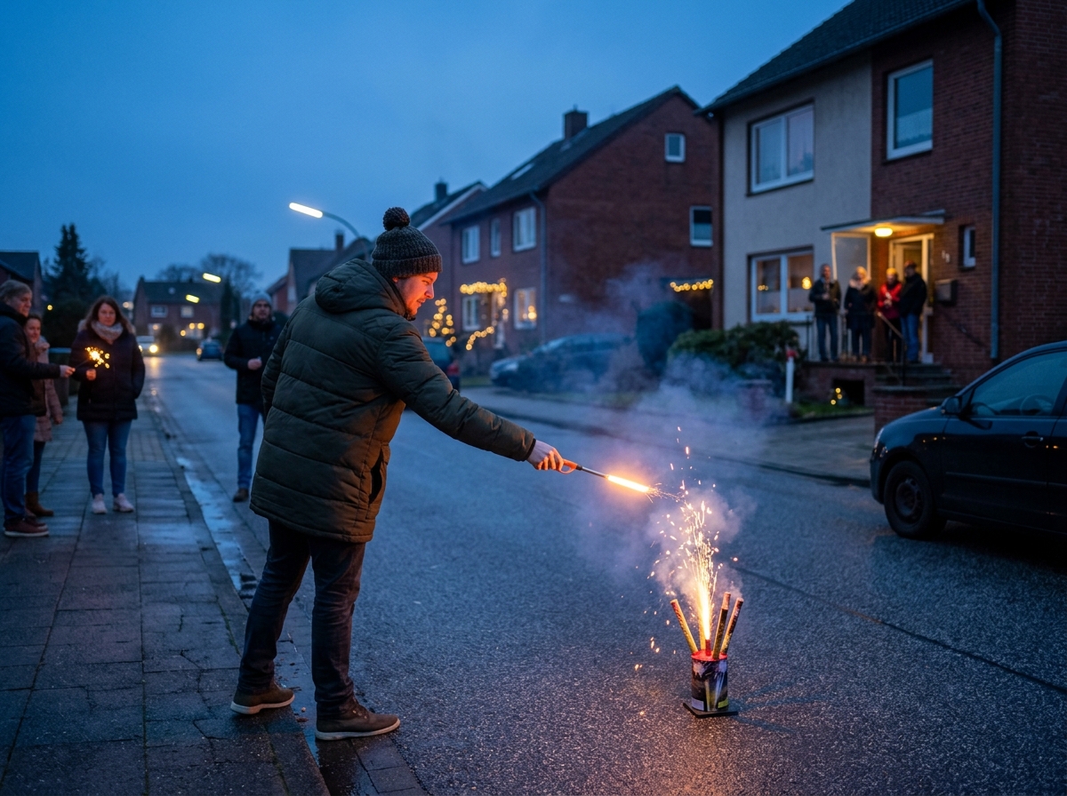 Person zündet an Silvester ein Feuerwerk auf einer Straße
