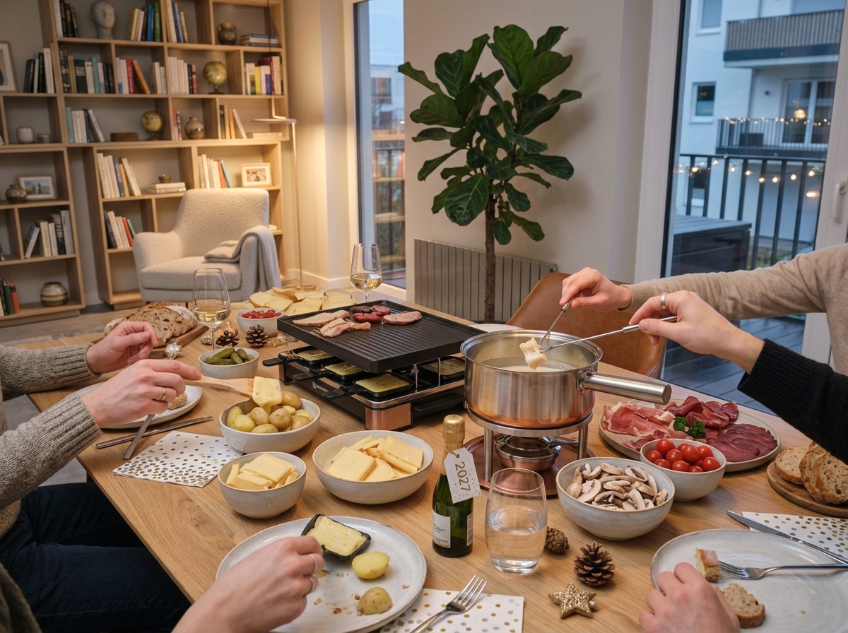 Gedeckter Silvestertisch mit Raclettegerät und Fonduetopf nebeneinander