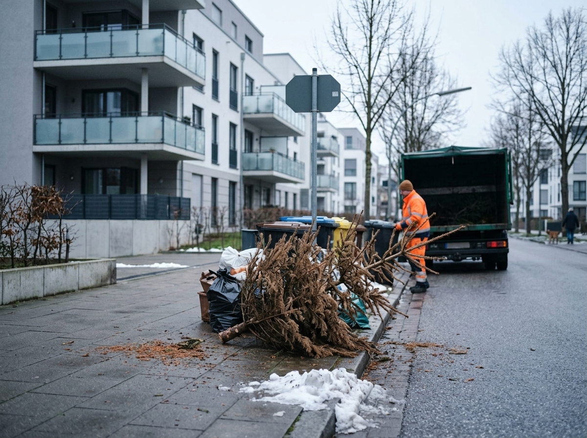 Abgeschmückter Weihnachtsbaum liegt zur Abholung am Straßenrand bereit