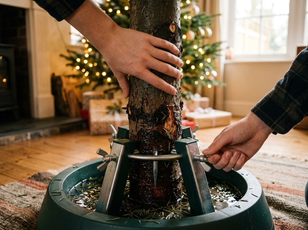 Weihnachtsbaum wird frisch angeschnitten und in den Ständer mit Wasser gestellt